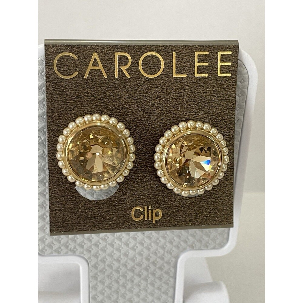 CAROLEE vintage gold earrings surrounded by pearls and center yellow rhinestone